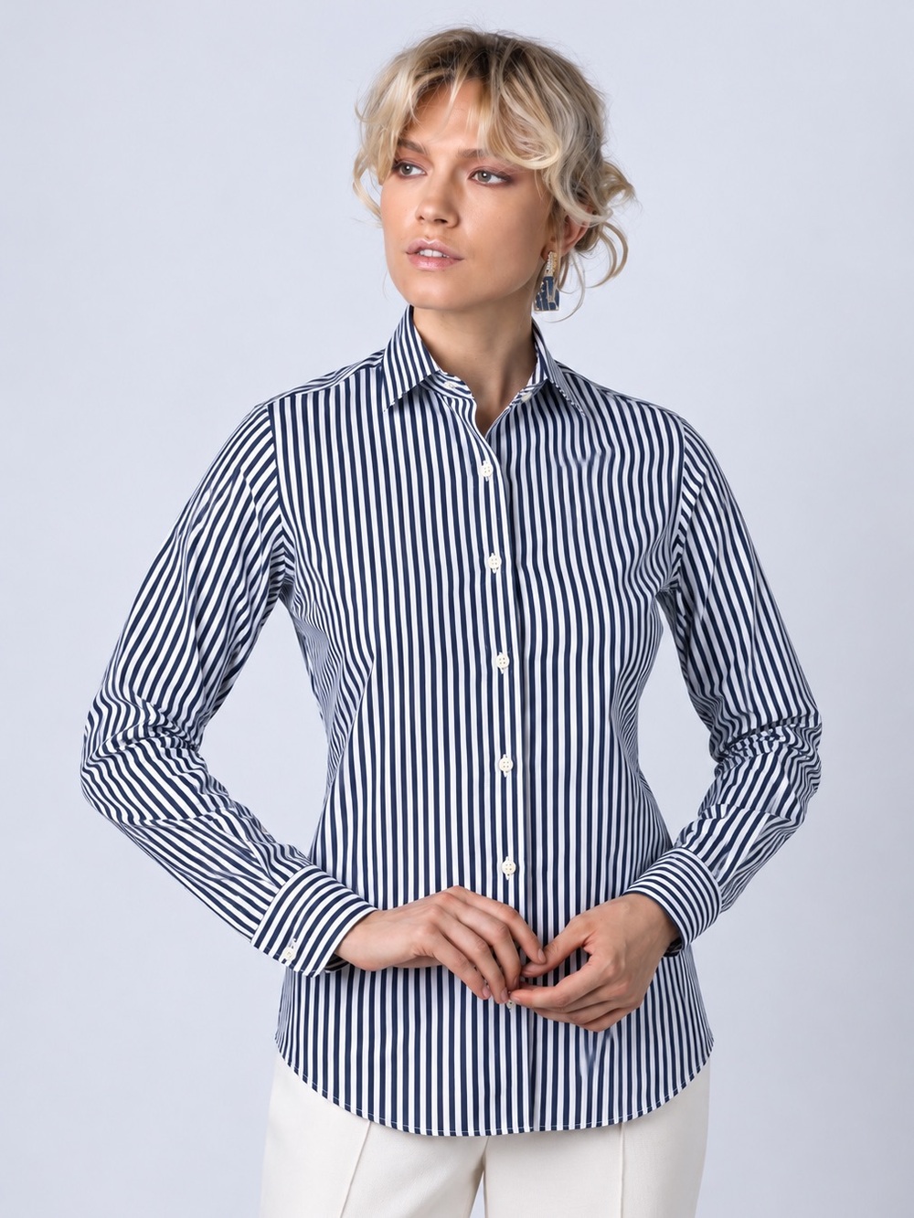 Emanuele Maffeis Women’s Navy White Striped Tailored Button Down Shirt Size 40